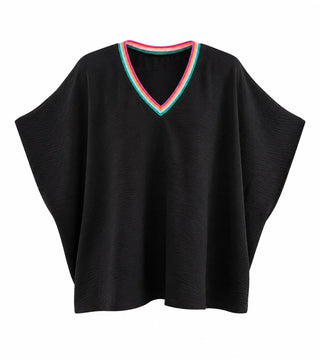 Rainbow Trim V-Neck Top - Black