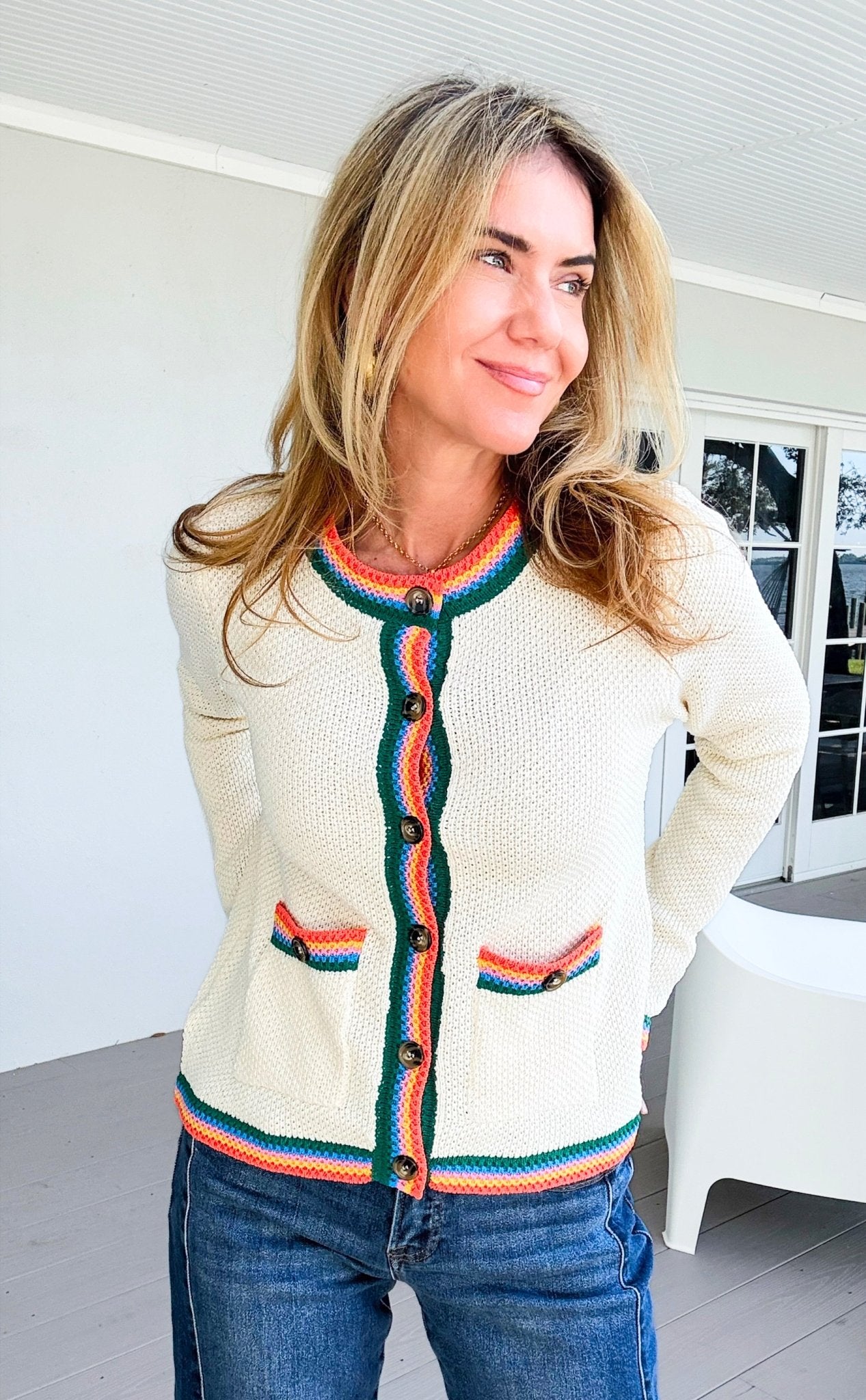 Rainbow Whisper Trim Knit Cardigan