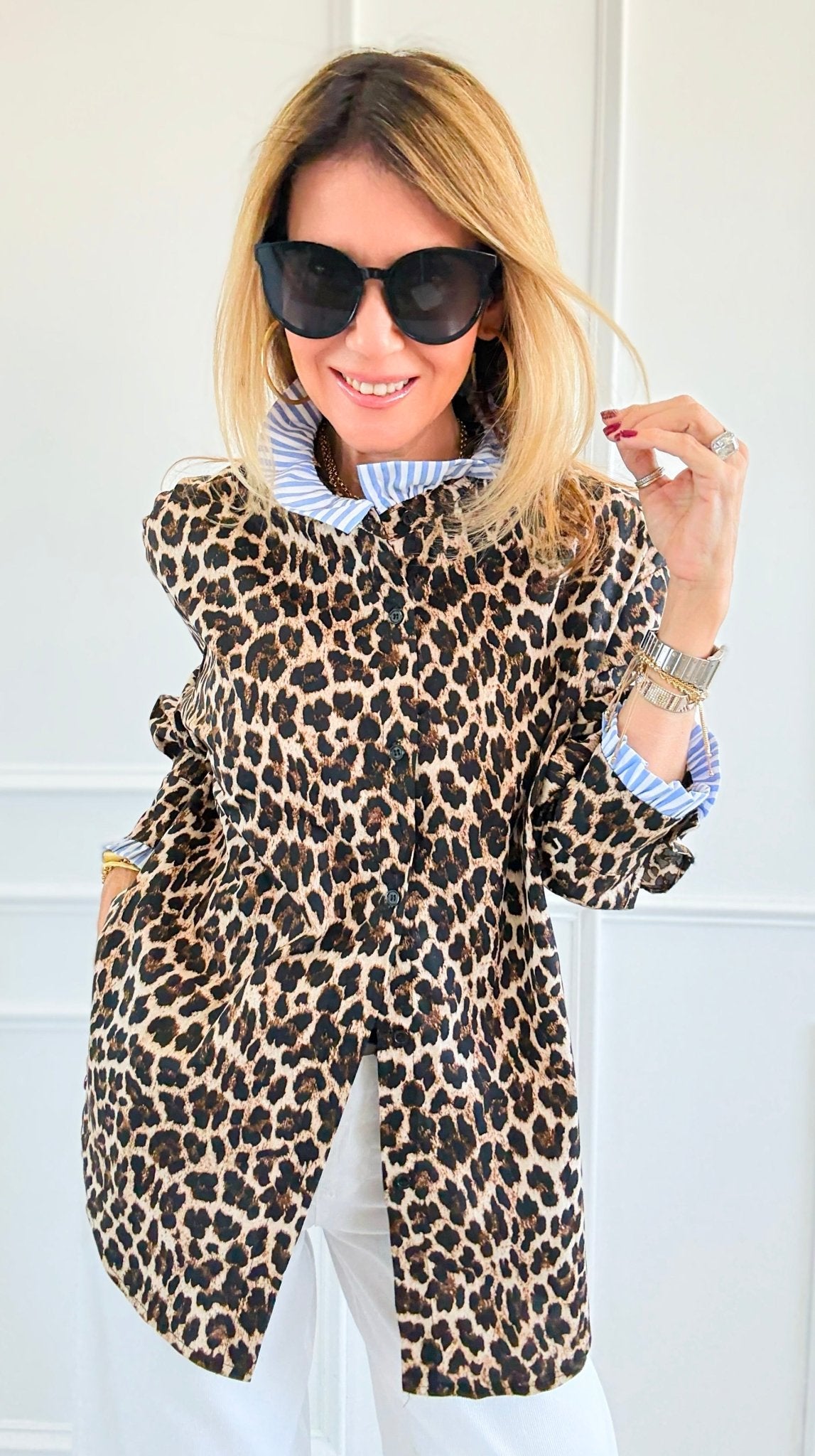 Rebel Ruffled Leopard & Stripe Italian Shirt-110 Long Sleeve Tops-TATTOO Z-Coastal Bloom Boutique, find the trendiest versions of the popular styles and looks Located in Indialantic, FL