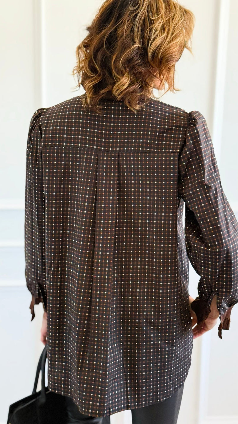 Regal Plaid Italian Button Down Blouse- Brown-110 Long Sleeve Tops-TATTOO Z-Coastal Bloom Boutique, find the trendiest versions of the popular styles and looks Located in Indialantic, FL