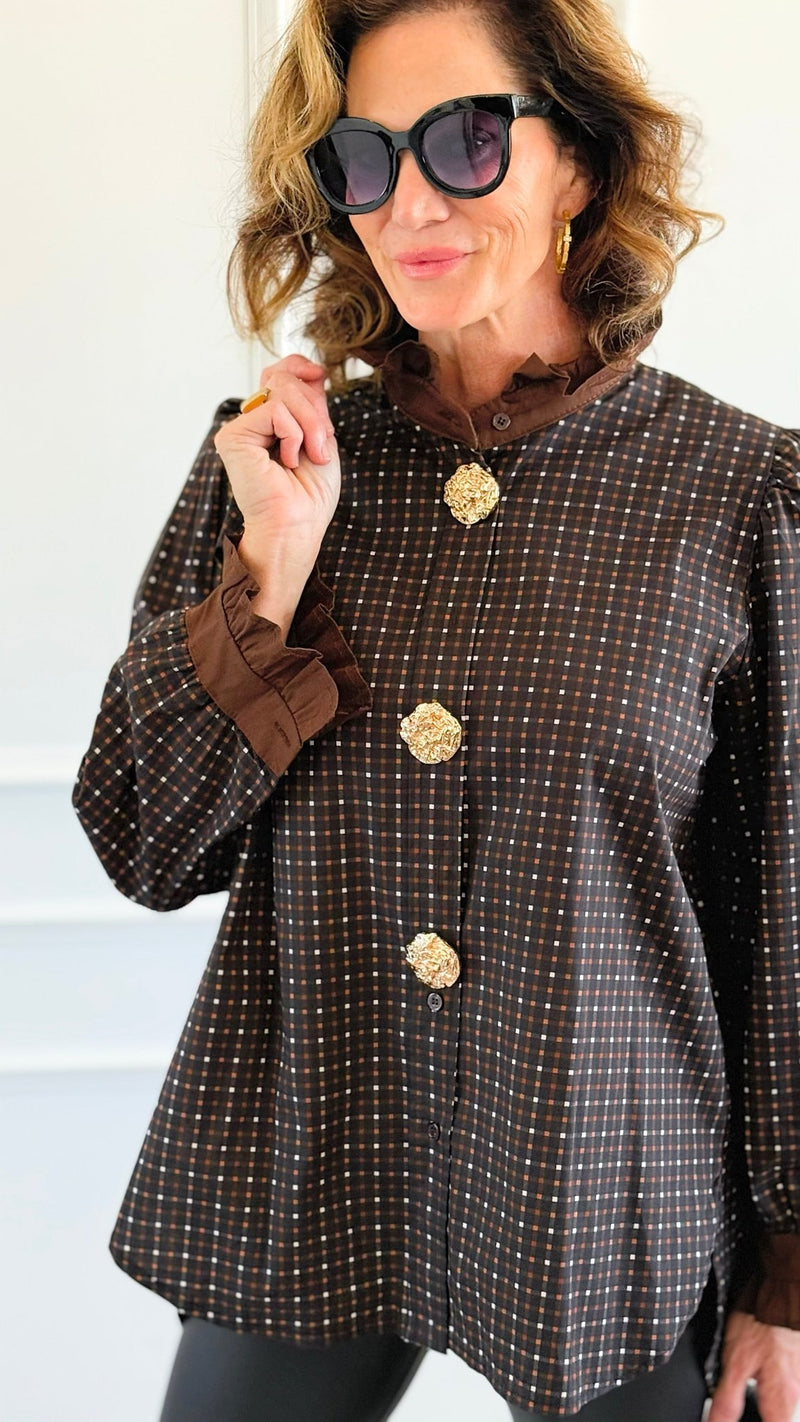 Regal Plaid Italian Button Down Blouse- Brown-110 Long Sleeve Tops-TATTOO Z-Coastal Bloom Boutique, find the trendiest versions of the popular styles and looks Located in Indialantic, FL