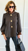 Regal Plaid Italian Button Down Blouse- Brown-110 Long Sleeve Tops-TATTOO Z-Coastal Bloom Boutique, find the trendiest versions of the popular styles and looks Located in Indialantic, FL