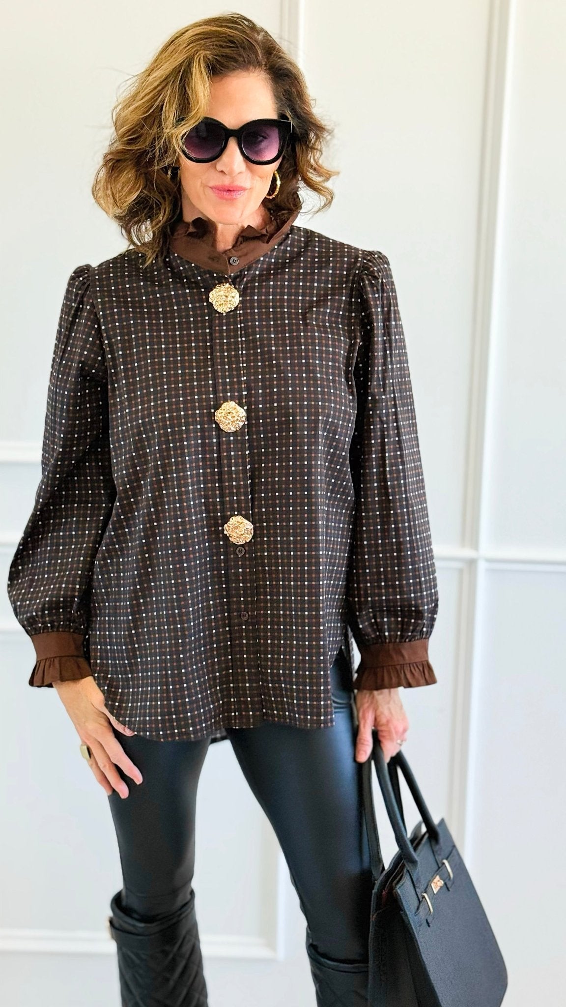 Regal Plaid Italian Button Down Blouse- Brown-110 Long Sleeve Tops-TATTOO Z-Coastal Bloom Boutique, find the trendiest versions of the popular styles and looks Located in Indialantic, FL