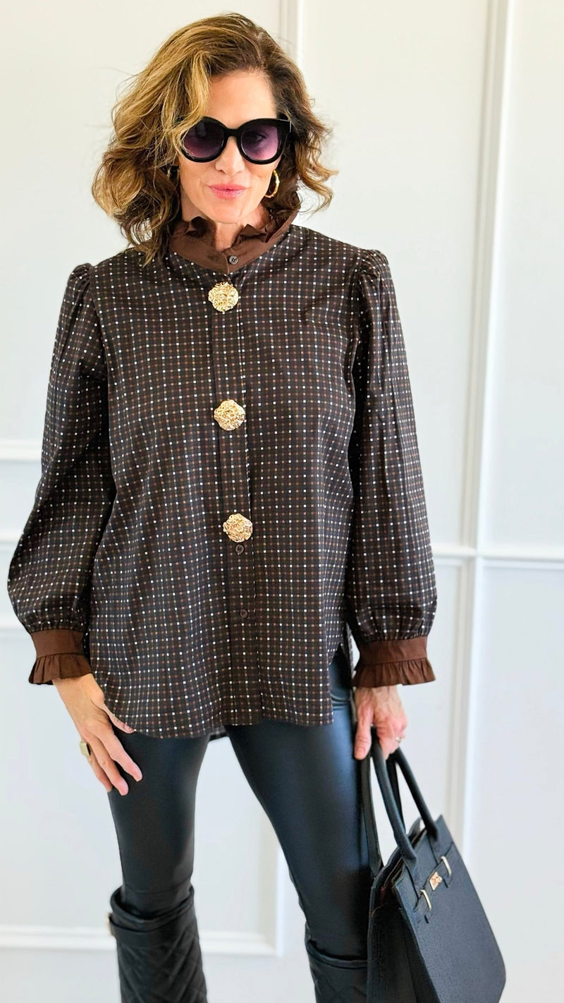 Regal Plaid Italian Button Down Blouse- Brown-110 Long Sleeve Tops-TATTOO Z-Coastal Bloom Boutique, find the trendiest versions of the popular styles and looks Located in Indialantic, FL