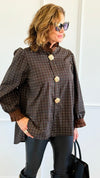 Regal Plaid Italian Button Down Blouse- Brown-110 Long Sleeve Tops-TATTOO Z-Coastal Bloom Boutique, find the trendiest versions of the popular styles and looks Located in Indialantic, FL