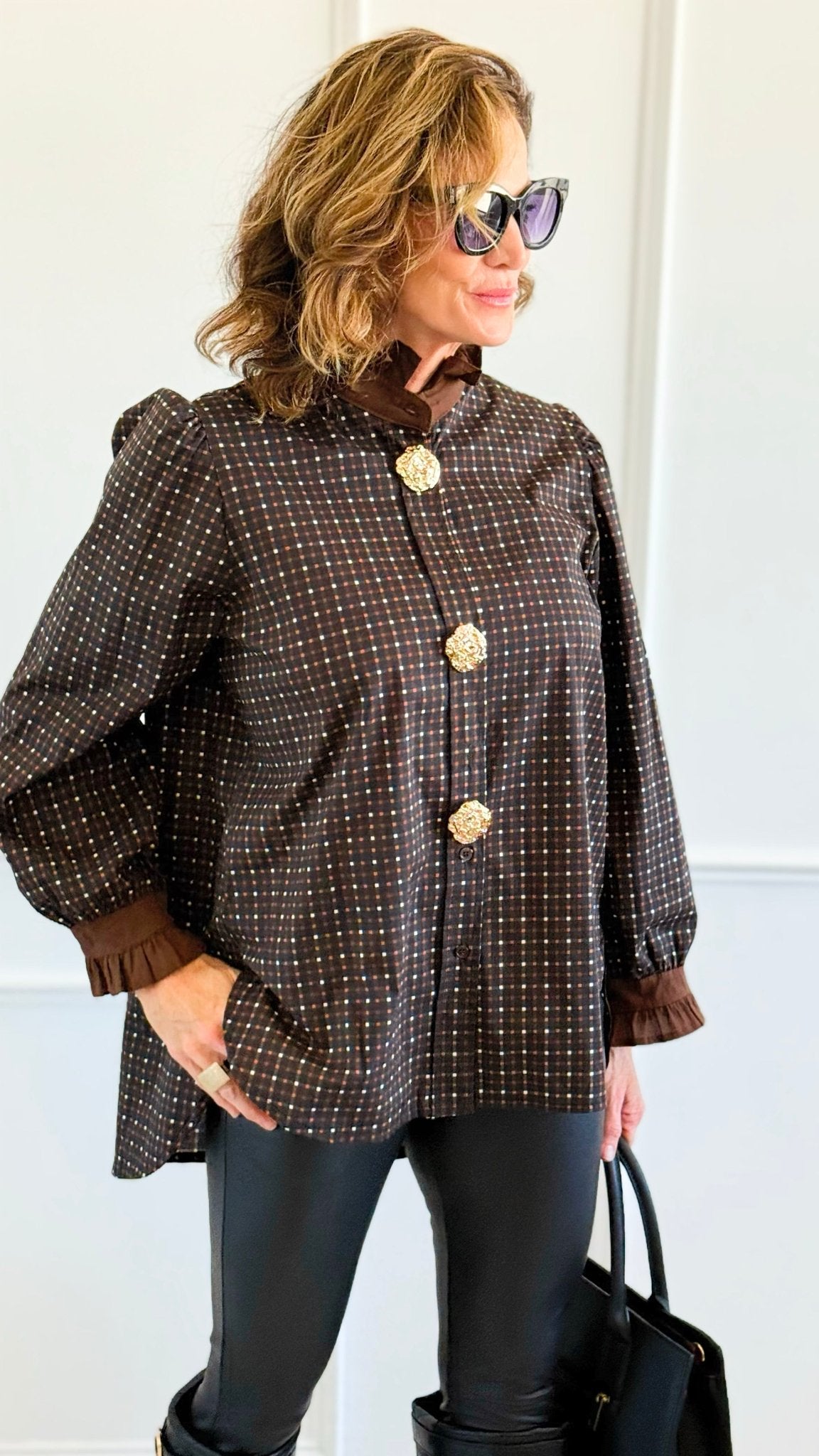 Regal Plaid Italian Button Down Blouse- Brown-110 Long Sleeve Tops-TATTOO Z-Coastal Bloom Boutique, find the trendiest versions of the popular styles and looks Located in Indialantic, FL