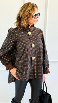 Regal Plaid Italian Button Down Blouse- Brown-110 Long Sleeve Tops-TATTOO Z-Coastal Bloom Boutique, find the trendiest versions of the popular styles and looks Located in Indialantic, FL