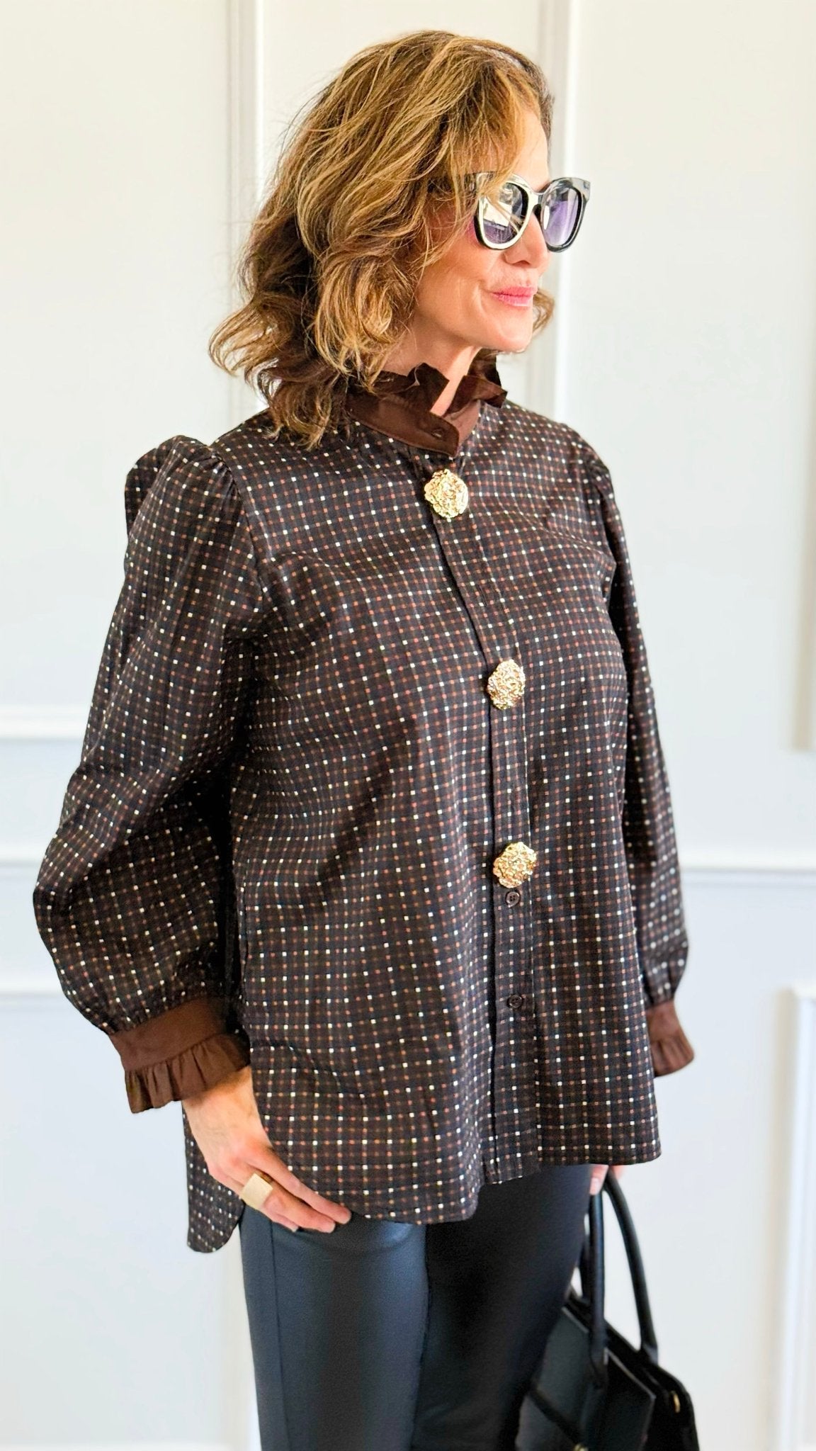 Regal Plaid Italian Button Down Blouse- Brown-110 Long Sleeve Tops-TATTOO Z-Coastal Bloom Boutique, find the trendiest versions of the popular styles and looks Located in Indialantic, FL