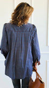 Regal Plaid Italian Button Down Blouse- Navy-110 Long Sleeve Tops-TATTOO Z-Coastal Bloom Boutique, find the trendiest versions of the popular styles and looks Located in Indialantic, FL