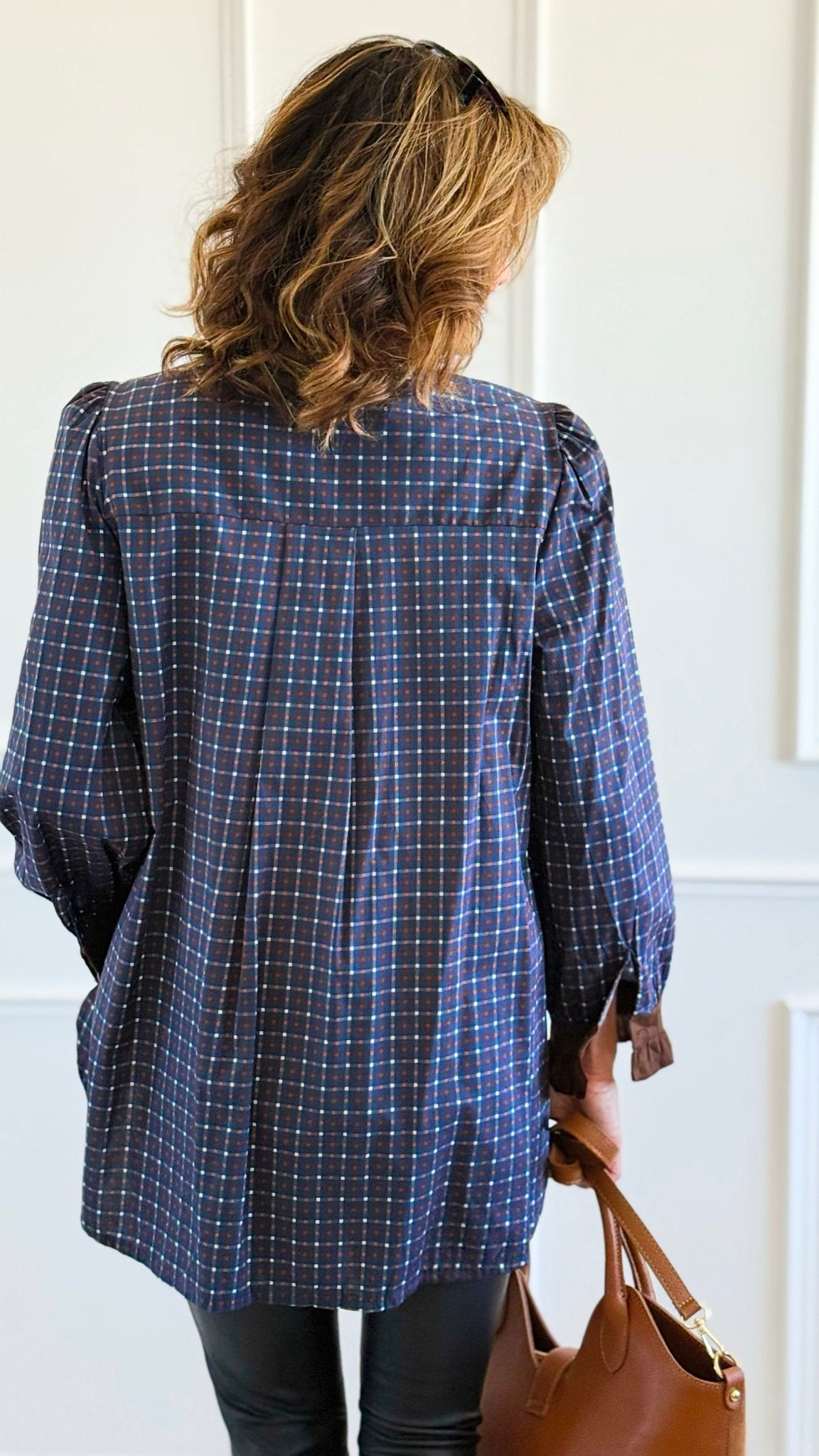 Regal Plaid Italian Button Down Blouse- Navy-110 Long Sleeve Tops-TATTOO Z-Coastal Bloom Boutique, find the trendiest versions of the popular styles and looks Located in Indialantic, FL
