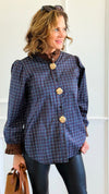 Regal Plaid Italian Button Down Blouse- Navy-110 Long Sleeve Tops-TATTOO Z-Coastal Bloom Boutique, find the trendiest versions of the popular styles and looks Located in Indialantic, FL