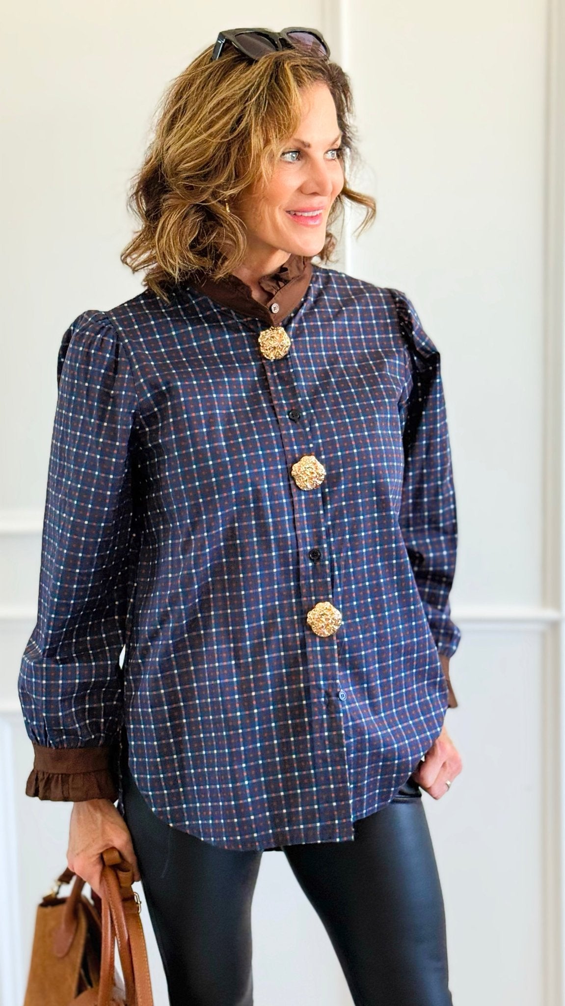 Regal Plaid Italian Button Down Blouse- Navy-110 Long Sleeve Tops-TATTOO Z-Coastal Bloom Boutique, find the trendiest versions of the popular styles and looks Located in Indialantic, FL
