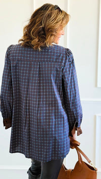 Regal Plaid Italian Button Down Blouse- Navy-110 Long Sleeve Tops-TATTOO Z-Coastal Bloom Boutique, find the trendiest versions of the popular styles and looks Located in Indialantic, FL