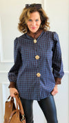 Regal Plaid Italian Button Down Blouse- Navy-110 Long Sleeve Tops-TATTOO Z-Coastal Bloom Boutique, find the trendiest versions of the popular styles and looks Located in Indialantic, FL