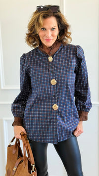 Regal Plaid Italian Button Down Blouse- Navy-110 Long Sleeve Tops-TATTOO Z-Coastal Bloom Boutique, find the trendiest versions of the popular styles and looks Located in Indialantic, FL