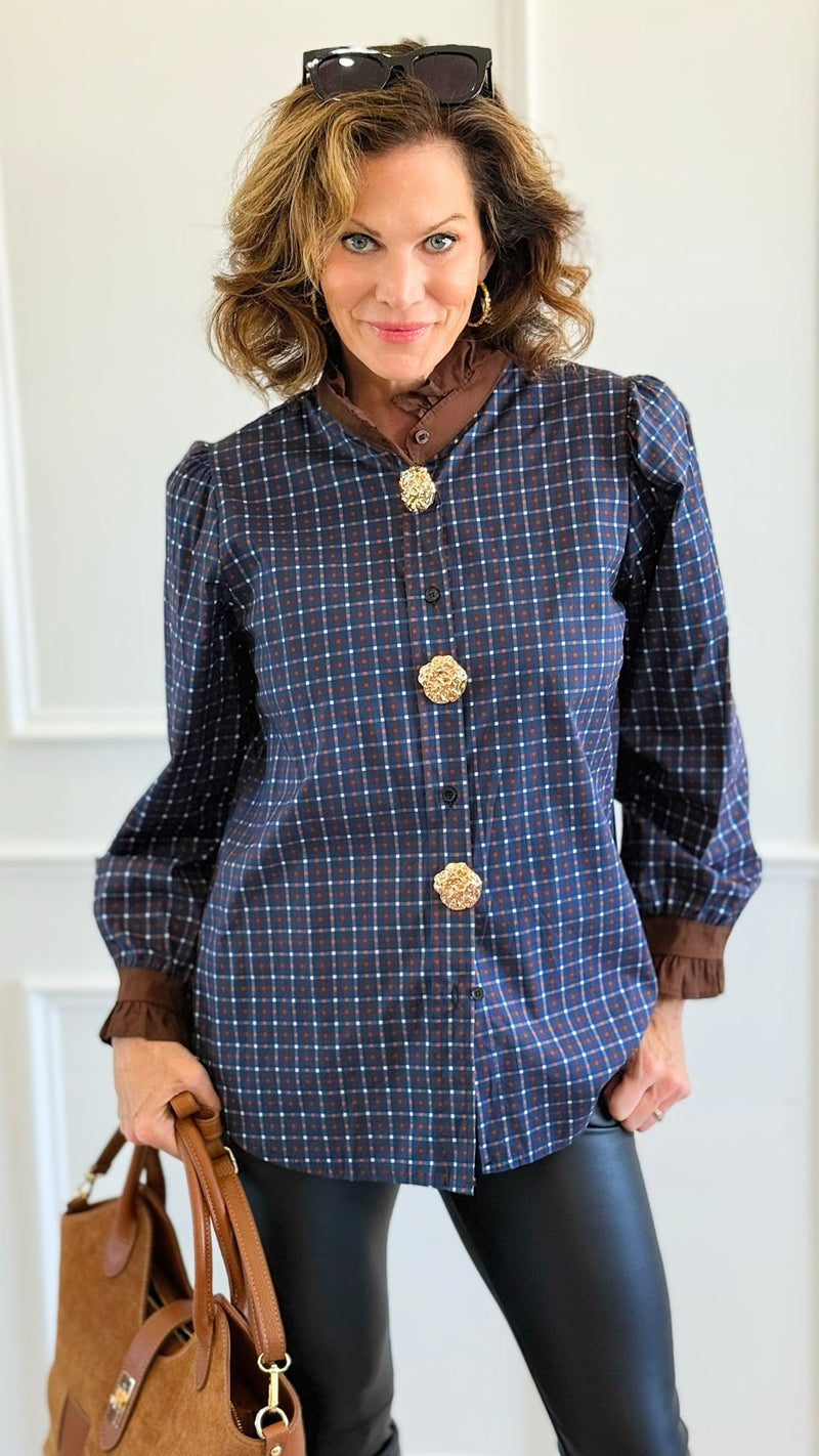 Regal Plaid Italian Button Down Blouse- Navy-110 Long Sleeve Tops-TATTOO Z-Coastal Bloom Boutique, find the trendiest versions of the popular styles and looks Located in Indialantic, FL