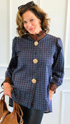 Regal Plaid Italian Button Down Blouse- Navy-110 Long Sleeve Tops-TATTOO Z-Coastal Bloom Boutique, find the trendiest versions of the popular styles and looks Located in Indialantic, FL