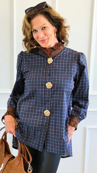 Regal Plaid Italian Button Down Blouse- Navy-110 Long Sleeve Tops-TATTOO Z-Coastal Bloom Boutique, find the trendiest versions of the popular styles and looks Located in Indialantic, FL