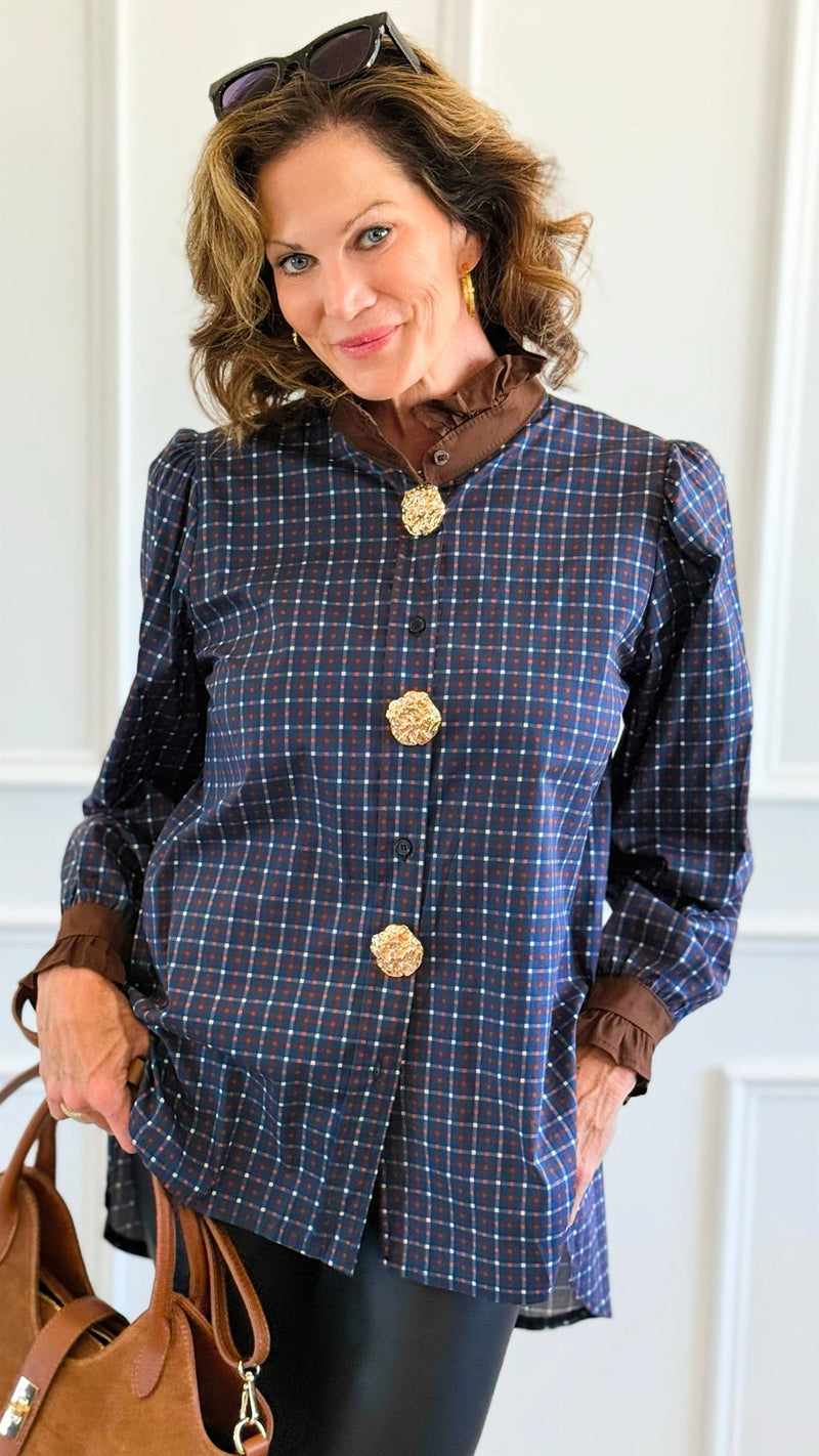 Regal Plaid Italian Button Down Blouse- Navy-110 Long Sleeve Tops-TATTOO Z-Coastal Bloom Boutique, find the trendiest versions of the popular styles and looks Located in Indialantic, FL