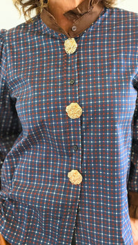 Regal Plaid Italian Button Down Blouse- Navy-110 Long Sleeve Tops-TATTOO Z-Coastal Bloom Boutique, find the trendiest versions of the popular styles and looks Located in Indialantic, FL