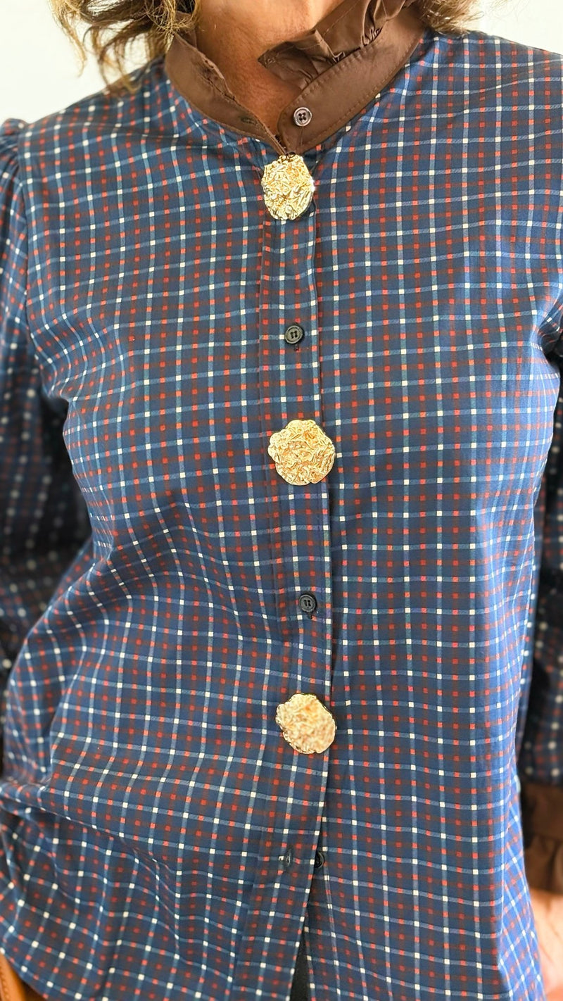 Regal Plaid Italian Button Down Blouse- Navy-110 Long Sleeve Tops-TATTOO Z-Coastal Bloom Boutique, find the trendiest versions of the popular styles and looks Located in Indialantic, FL