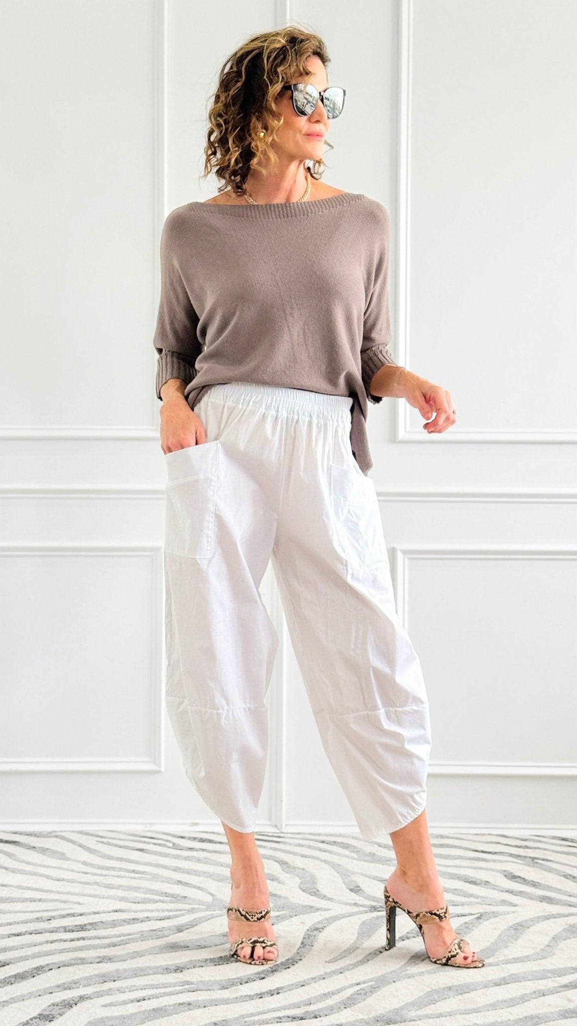 Relax & Go Italian Barrel Pant- White-100 Pants-VANESSA-Coastal Bloom Boutique, find the trendiest versions of the popular styles and looks Located in Indialantic, FL