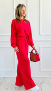 Relax Mode Long Sleeve Slub Knit Set - Ruby-210 Loungewear/Sets-Zenana-Coastal Bloom Boutique, find the trendiest versions of the popular styles and looks Located in Indialantic, FL