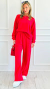 Relax Mode Long Sleeve Slub Knit Set - Ruby-210 Loungewear/Sets-Zenana-Coastal Bloom Boutique, find the trendiest versions of the popular styles and looks Located in Indialantic, FL