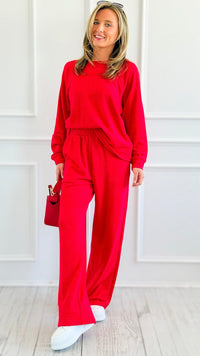Relax Mode Long Sleeve Slub Knit Set - Ruby-210 Loungewear/Sets-Zenana-Coastal Bloom Boutique, find the trendiest versions of the popular styles and looks Located in Indialantic, FL