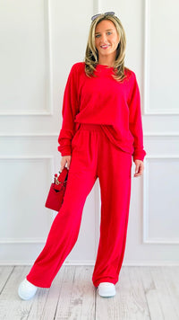 Relax Mode Long Sleeve Slub Knit Set - Ruby-210 Loungewear/Sets-Zenana-Coastal Bloom Boutique, find the trendiest versions of the popular styles and looks Located in Indialantic, FL