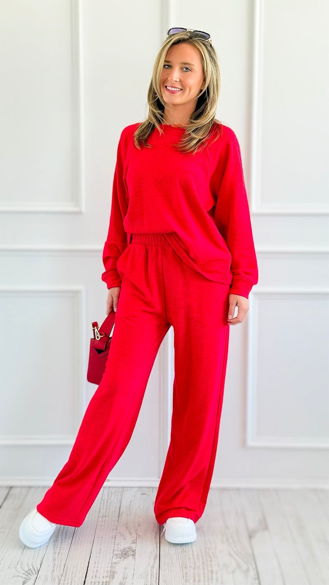 Relax Mode Long Sleeve Slub Knit Set - Ruby-210 Loungewear/Sets-Zenana-Coastal Bloom Boutique, find the trendiest versions of the popular styles and looks Located in Indialantic, FL