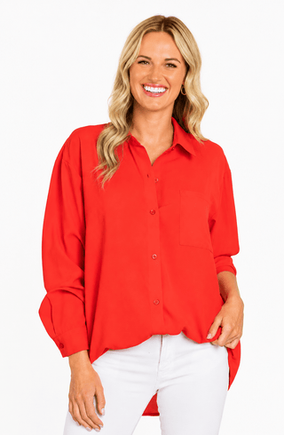 Relaxed Button Front Top -  Orange Red
