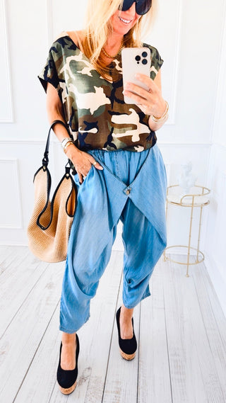 Relaxed Draped Front Denim Pants