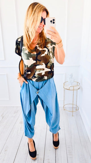 Relaxed Draped Front Denim Pants