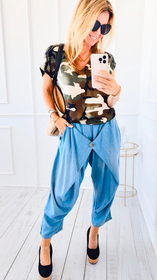 Relaxed Draped Front Denim Pants