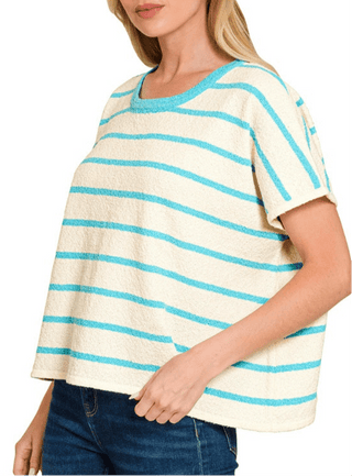Relaxed Fit Textured Stripe Knit Top- Turquoise