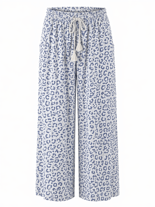 Relaxed Leopard Drawstring Italian Linen Pant - Blue