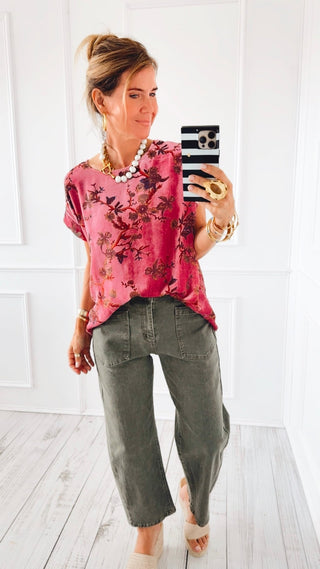 Relaxed Wide Leg Cropped Jeans - Olive Green