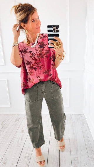 Relaxed Wide Leg Cropped Jeans - Olive Green