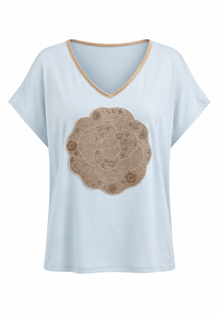 Rhinestone Bloom Gold Italian V Neck Top- Blue