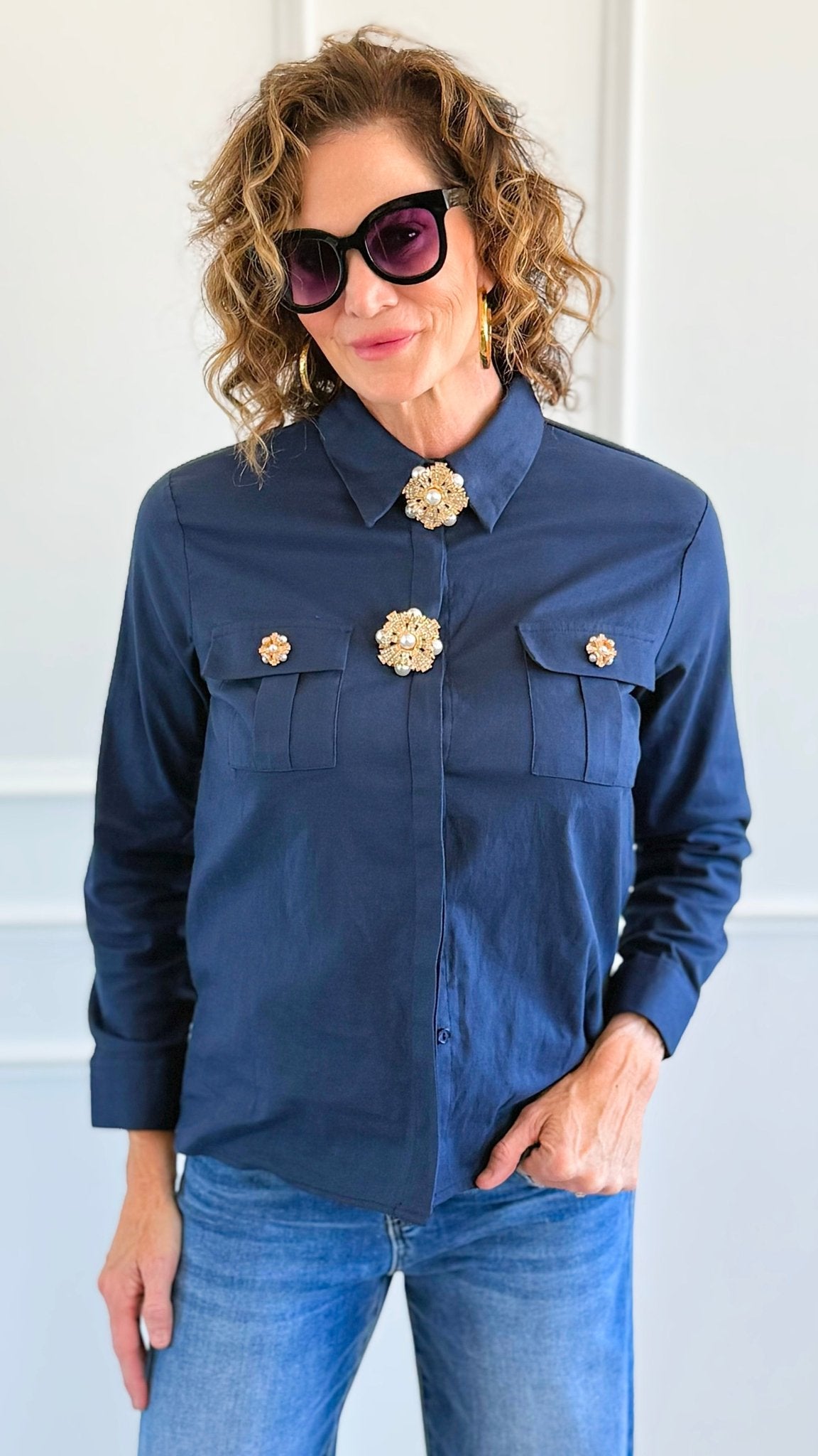 Rhinestone Brooch Detail Top - Navy-130 Long Sleeve Tops-PASTEL DESIGN-Coastal Bloom Boutique, find the trendiest versions of the popular styles and looks Located in Indialantic, FL