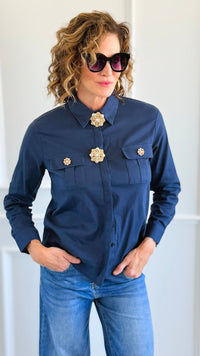 Rhinestone Brooch Detail Top - Navy-130 Long Sleeve Tops-PASTEL DESIGN-Coastal Bloom Boutique, find the trendiest versions of the popular styles and looks Located in Indialantic, FL