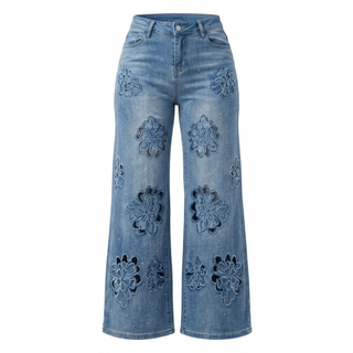 Rhinestone Floral Patch Wide Leg Jeans