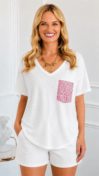 Rhinestone Leopard Pocket Italian V Neck Top- Off White/Pink