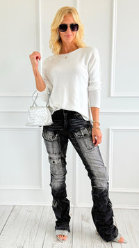 Rhinestone Stack Pocket Denim Jean- Black-170 Bottoms-SMOKE RISE RED-Coastal Bloom Boutique, find the trendiest versions of the popular styles and looks Located in Indialantic, FL