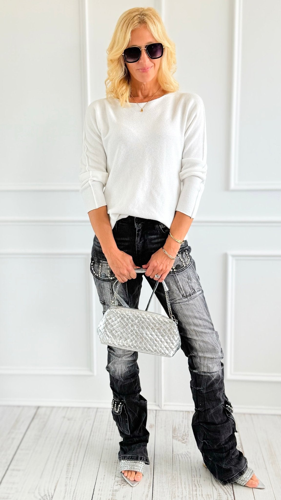 Rhinestone Stack Pocket Denim Jean- Black-170 Bottoms-SMOKE RISE RED-Coastal Bloom Boutique, find the trendiest versions of the popular styles and looks Located in Indialantic, FL