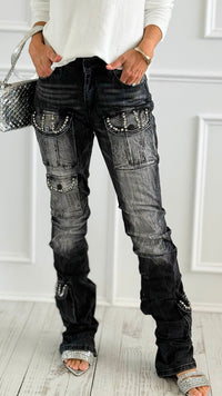 Rhinestone Stack Pocket Denim Jean- Black-170 Bottoms-SMOKE RISE RED-Coastal Bloom Boutique, find the trendiest versions of the popular styles and looks Located in Indialantic, FL