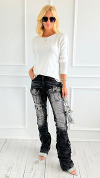 Rhinestone Stack Pocket Denim Jean- Black-170 Bottoms-SMOKE RISE RED-Coastal Bloom Boutique, find the trendiest versions of the popular styles and looks Located in Indialantic, FL