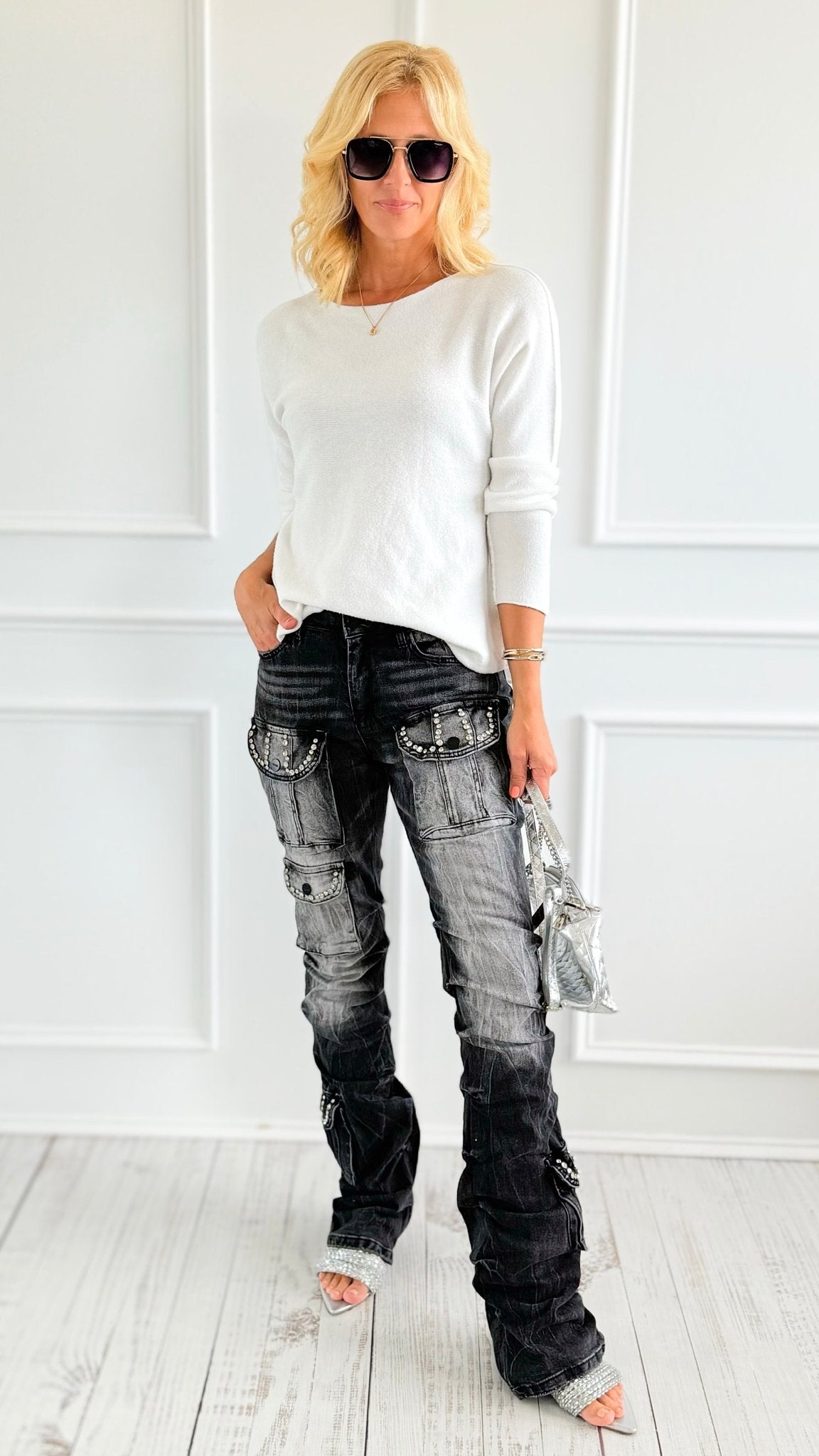 Rhinestone Stack Pocket Denim Jean- Black-170 Bottoms-SMOKE RISE RED-Coastal Bloom Boutique, find the trendiest versions of the popular styles and looks Located in Indialantic, FL