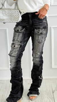 Rhinestone Stack Pocket Denim Jean- Black-170 Bottoms-SMOKE RISE RED-Coastal Bloom Boutique, find the trendiest versions of the popular styles and looks Located in Indialantic, FL